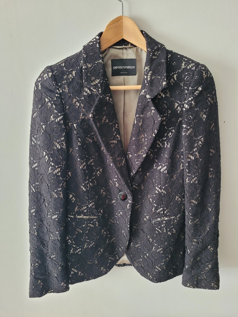 Emporio Armani Black and Greige Lace Blazer Jacket, US 2